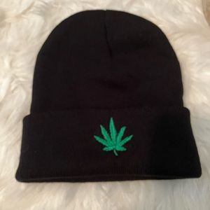 Black Beanie with Green Leaf Embroidery